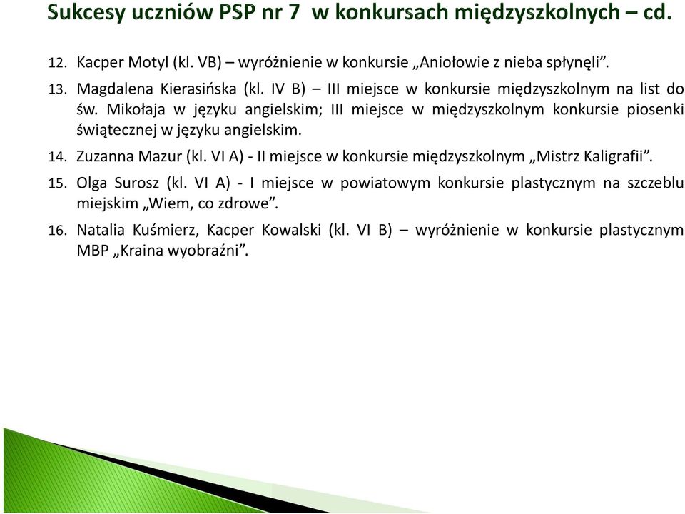 Mikołaja w języku angielskim; III miejsce w międzyszkolnym konkursie piosenki świątecznej w języku angielskim. 14. Zuzanna Mazur(kl.