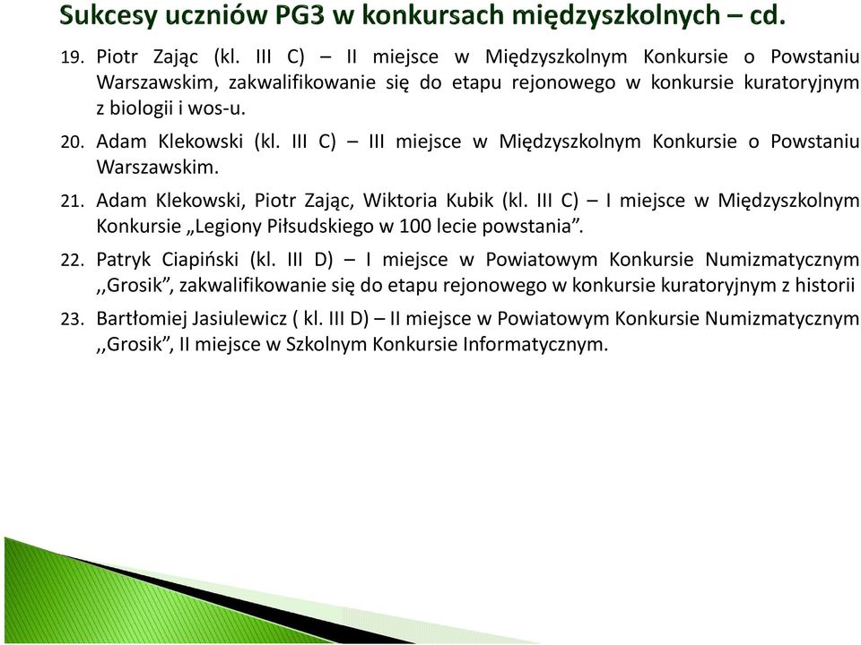 III C) I miejsce w Międzyszkolnym Konkursie Legiony Piłsudskiego w 100 lecie powstania. 22. Patryk Ciapiński (kl.