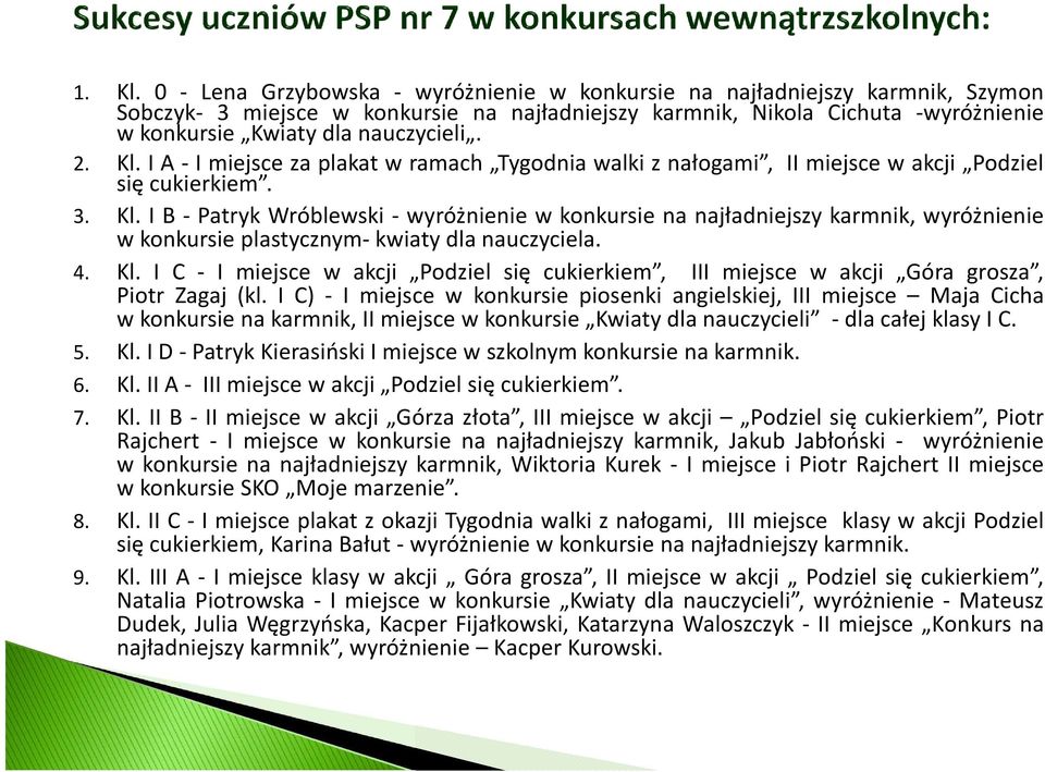 2. Kl. I A - I miejsce za plakat w ramach Tygodnia walki z nałogami, II miejsce w akcji Podziel się cukierkiem. 3. Kl. I B - Patryk Wróblewski - wyróżnienie w konkursie na najładniejszy karmnik, wyróżnienie w konkursie plastycznym- kwiaty dla nauczyciela.