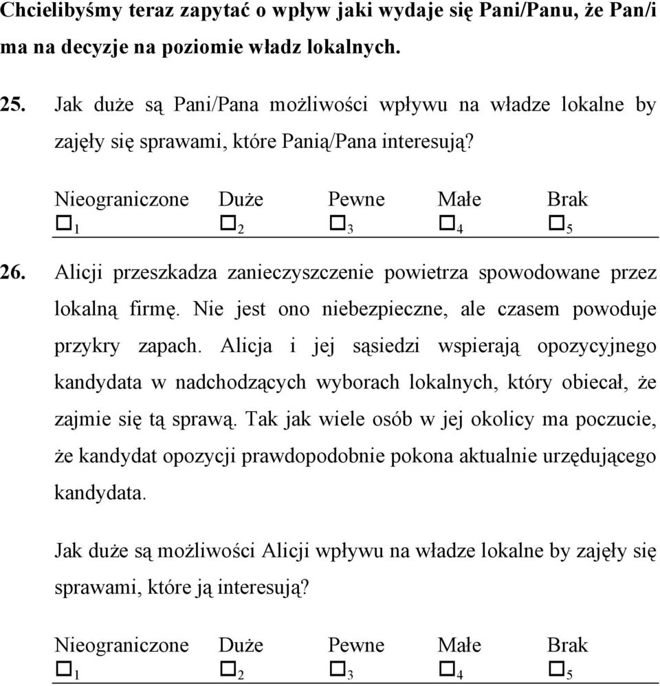Alicji przeszkadza zanieczyszczenie powietrza spowodowane przez lokalną firmę. Nie jest ono niebezpieczne, ale czasem powoduje przykry zapach.