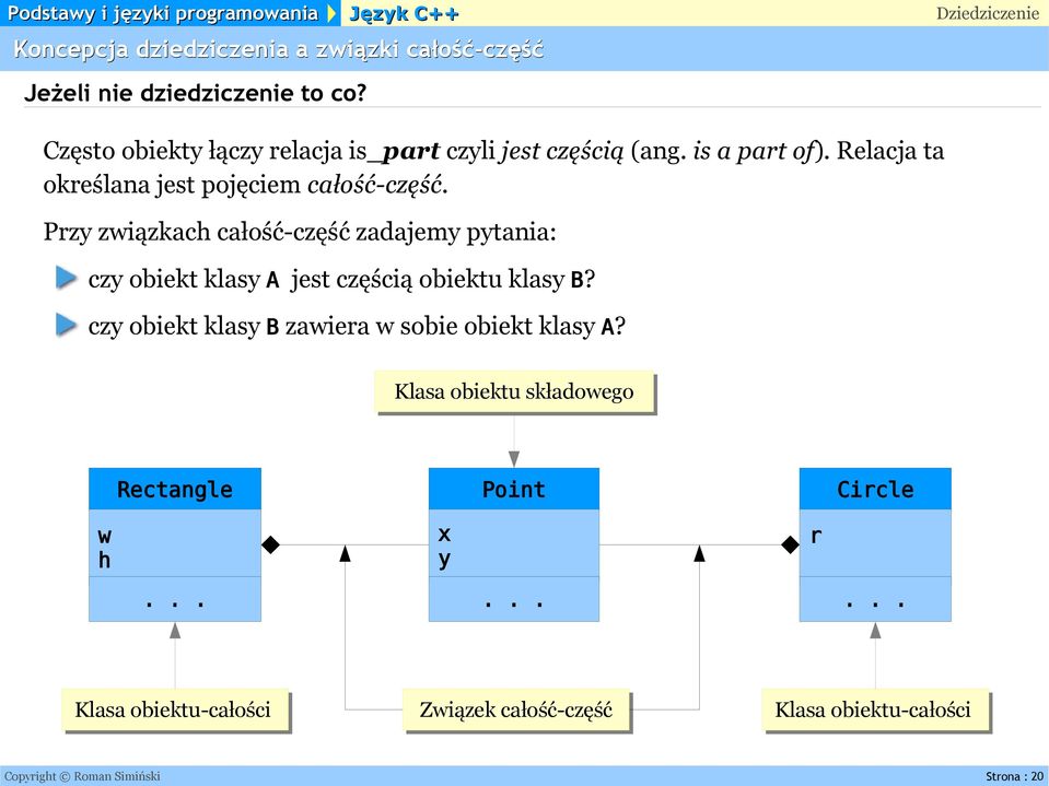 Przy związkach całość-część zadajemy pytania: czy obiekt klasy A jest częścią obiektu klasy B?