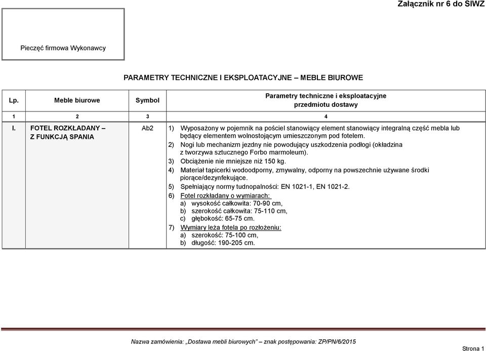 2) Nogi lub mechanizm jezdny nie powodujący uszkodzenia podłogi (okładzina z tworzywa sztucznego Forbo marmoleum). 3) Obciążenie nie mniejsze niż 150 kg.