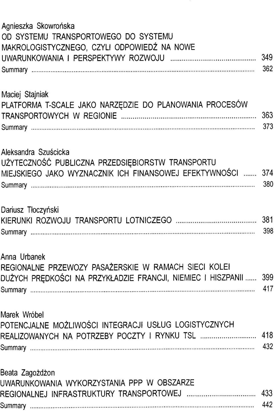 EFEKTYWNOSCI 374 Summary 380 Dariusz Ttoczyriski KIERUNKI ROZWOJU TRANSPORTU LOTNICZEGO 381 Summary 398 Anna Urbanek REGIONALNE PRZEWOZY PASAZERSKIE W RAMACH SIECI KOLEI DUZYCH PR^DKOäCI NA