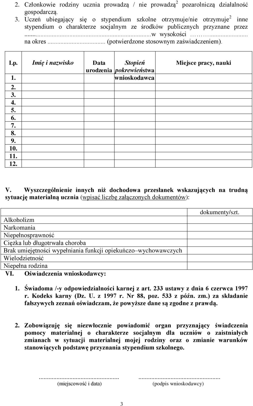 .. (potwierdzone stosownym zaświadczeniem). Lp. Imię i nazwisko Data Stopień urodzenia pokrewieństwa 1. wnioskodawca 2. 3. 4. 5. 6. 7. 8. 9. 10. 11. 12. Miejsce pracy, nauki V.