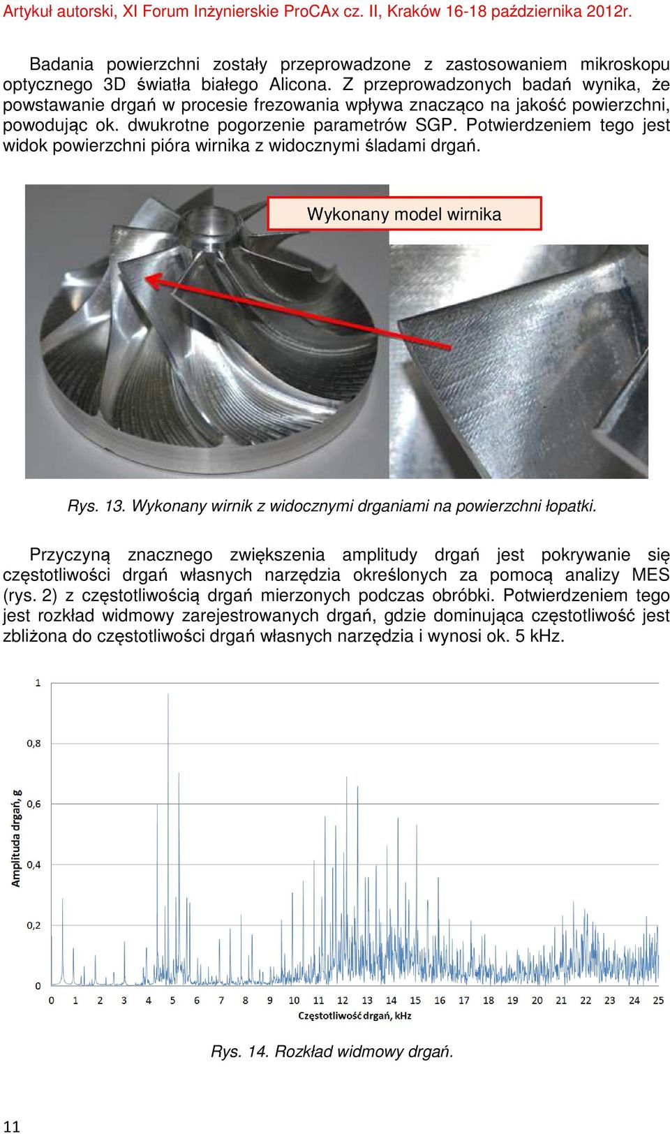 Potwierdzeniem tego jest widok powierzchni pióra wirnika z widocznymi śladami drgań. Wykonany model wirnika Rys. 13. Wykonany wirnik z widocznymi drganiami na powierzchni łopatki.