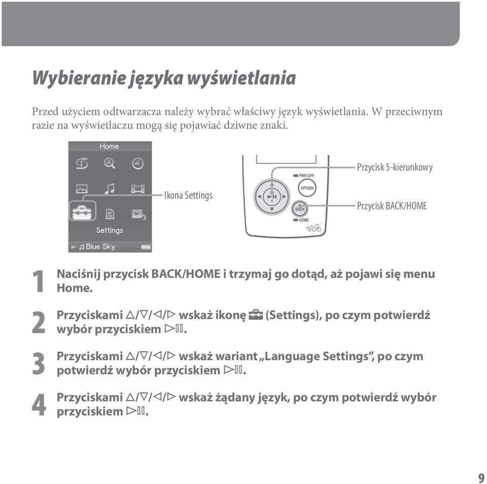 Przycisk 5-kierunkowy Ikona Settings Przycisk BACK/HOME 1 Naciśnij 2 Przyciskami 3 Przyciskami 4 Przyciskami przycisk BACK/HOME i