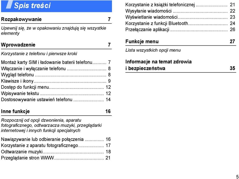 .. 14 Korzystanie z książki telefonicznej... 21 Wysyłanie wiadomości... 22 Wyświetlanie wiadomości... 23 Korzystanie z funkcji Bluetooth... 24 Przełączanie aplikacji.