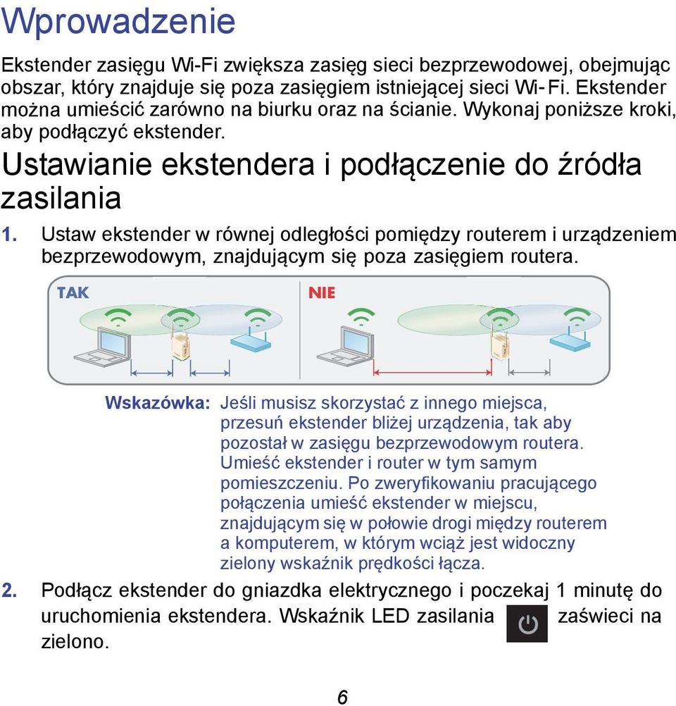 Ustaw ekstender w równej odległości pomiędzy routerem i urządzeniem bezprzewodowym, znajdującym się poza zasięgiem routera.