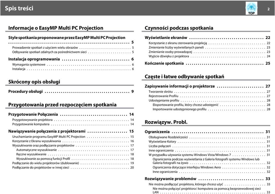 .. 9 Przygotowni przed rozpoczęciem spotkni Przygotownie Połączeni... 14 Przygotowywnie projektor...14 Przygotownie komputer...14 Nwiązywnie połączeni z projektormi.