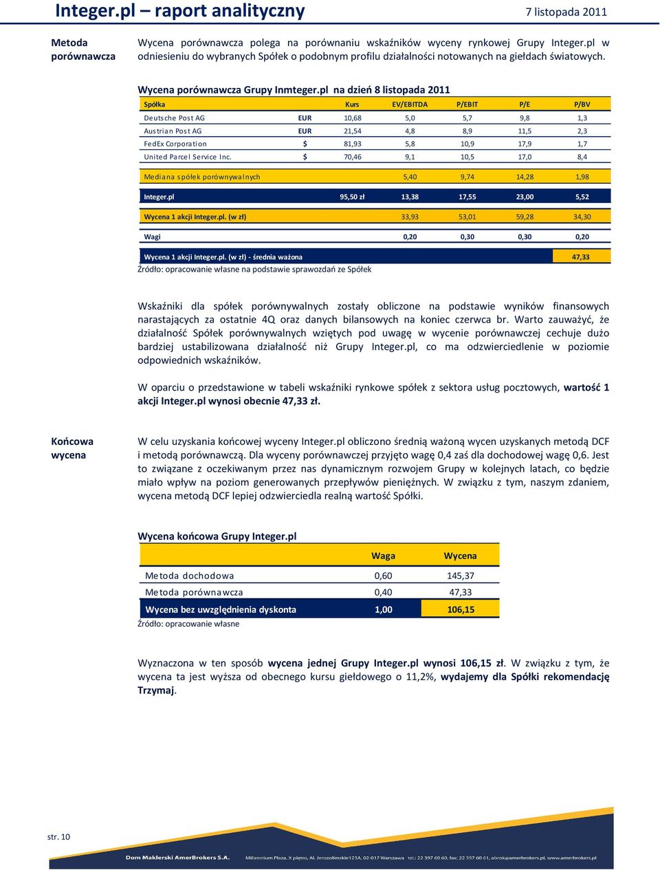 pl na dzień 8 listopada 2011 Spółka Kurs EV/EBITDA P/EBIT P/E P/BV Deutsche Post AG EUR 10,68 5,0 5,7 9,8 1,3 Austrian Post AG EUR 21,54 4,8 8,9 11,5 2,3 FedEx Corporation $ 81,93 5,8 10,9 17,9 1,7