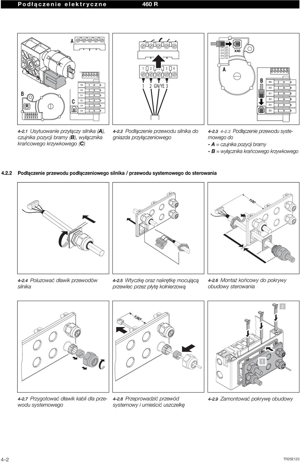 3 Podłączenie przewodu systemowego do -A= czujnika pozycji bramy -B= wyłącznika krańcowego krzywkowego 4.2.2 Podłączenie przewodu podłączeniowego silnika / przewodu systemowego do sterowania 4 2.