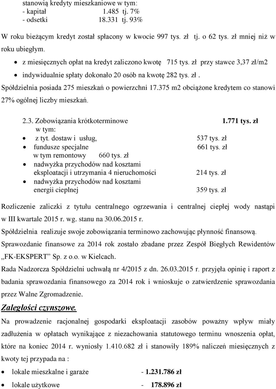 375 m2 obciążone kredytem co stanowi 27% ogólnej liczby mieszkań. 2.3. Zobowiązania krótkoterminowe 1.771 tys. zł w tym: z tyt. dostaw i usług, 537 tys. zł fundusze specjalne 661 tys.