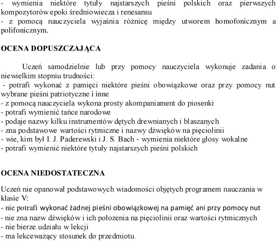 OCENA DOPUSZCZAJĄCA Uczeń samodzielnie lub przy pomocy nauczyciela wykonuje zadania o niewielkim stopniu trudności: - potrafi wykonać z pamięci niektóre pieśni obowiązkowe oraz przy pomocy nut