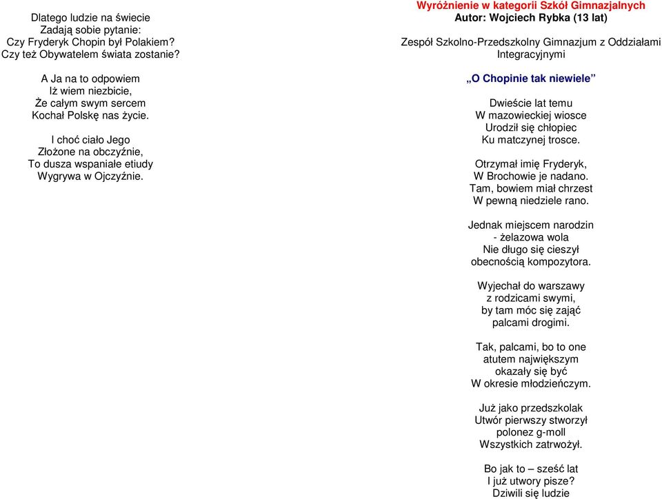 WyróŜnienie w kategorii Szkół Gimnazjalnych Autor: Wojciech Rybka (13 lat) Zespół Szkolno-Przedszkolny Gimnazjum z Oddziałami Integracyjnymi O Chopinie tak niewiele Dwieście lat temu W mazowieckiej