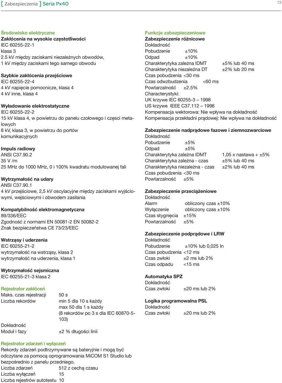 elektrostatyczne IEC 60255-22-2 15 kv klasa 4, w powietrzu do panelu czołowego i częsci metalowych 8 kv, klasa 3, w powietrzu do portów komunikacyjnych Impuls radiowy ANSI C37.90.