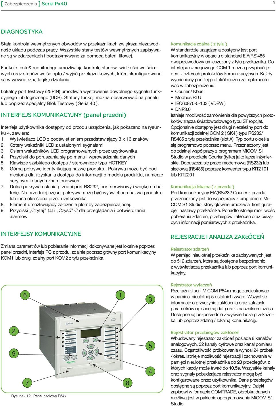 Funkcje testu& monitoringu umożliwiają kontrolę stanów wielkości wejściowych oraz stanów wejść opto / wyjść przekaźnikowych, które skonfigurowane są w wewnętrzną logikę działania.