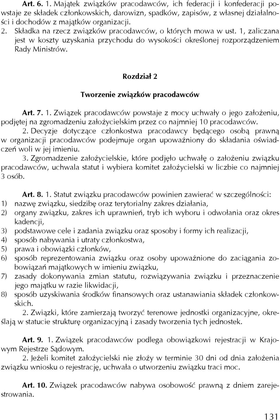 Rozdział 2 Tworzenie związków pracodawców Art. 7. 1. Związek pracodawców powstaje z mocy uchwały o jego założeniu, podjętej na zgromadzeniu założycielskim przez co najmniej 10 pracodawców. 2. Decyzje dotyczące członkostwa pracodawcy będącego osobą prawną w organizacji pracodawców podejmuje organ upoważniony do składania oświadczeń woli w jej imieniu.