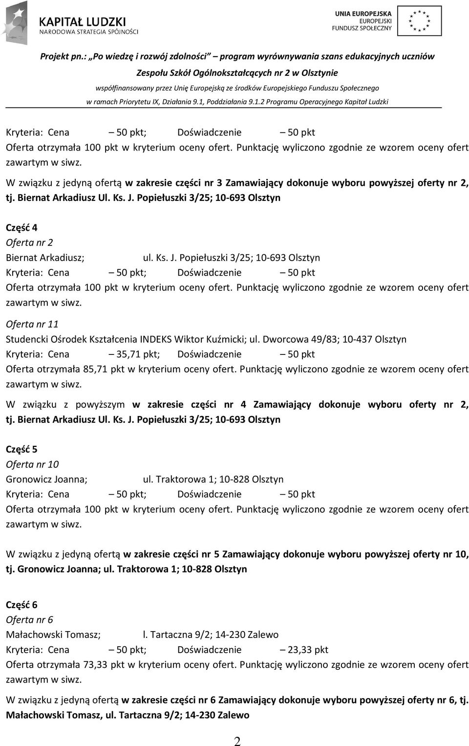 Dworcowa 49/83; 10-437 Olsztyn Kryteria: Cena 35,71 pkt; Doświadczenie 50 pkt Oferta otrzymała 85,71 pkt w kryterium oceny ofert.