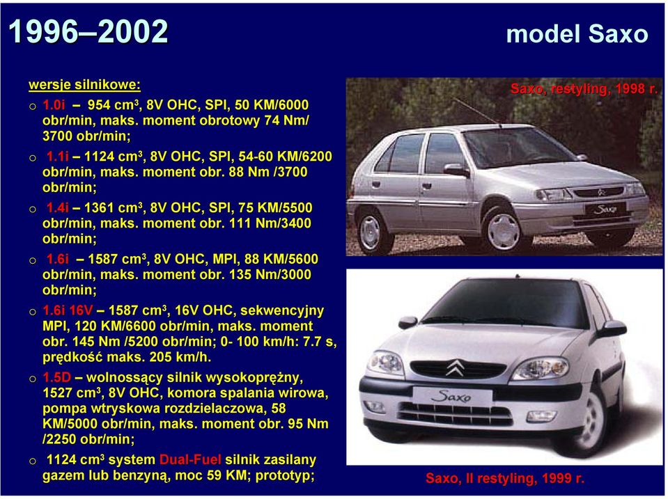 6i 16V 1587 cm 3, 16V OHC,, sekwencyjny MPI,, 120 KM/6600 br/min, maks. mment br. 145 Nm /5200 br/min; 0-0 100 km/h: 7.7 s, prędkść maks. 205 km/h. 1.5D wlnssący silnik wyskprężny, 1527 cm 3, 8V OHC,, kmra spalania wirwa, pmpa wtryskwa rzdzielaczwa,, 58 KM/5000 br/min, maks.