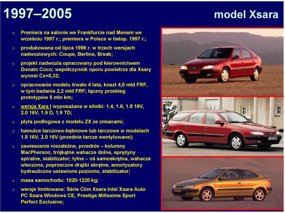 w tym badania 2,2 mld FRF; ; łączny przebieg prttypów 5 mln km; wersja Xara I wypsażana w silniki: 1.4, 1.6, 1.8 16V, 2.0 16V, 1.9 D, 1.