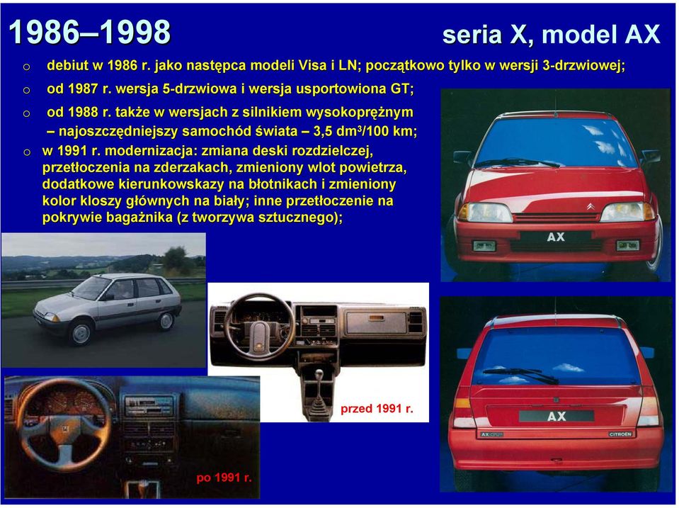 także w wersjach z silnikiem wyskprężnym najszczędniejszy samchód świata 3,5 dm 3 /100 km; w 1991 r.