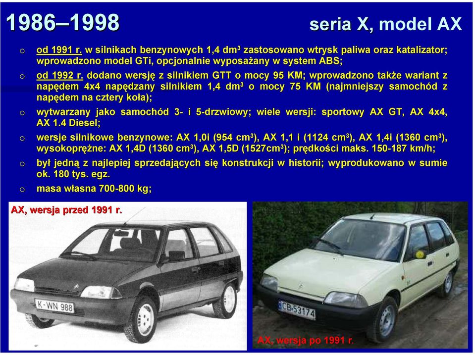 5-drzwiwy; 5 wiele wersji: sprtwy AX GT, AX 4x4, AX 1.