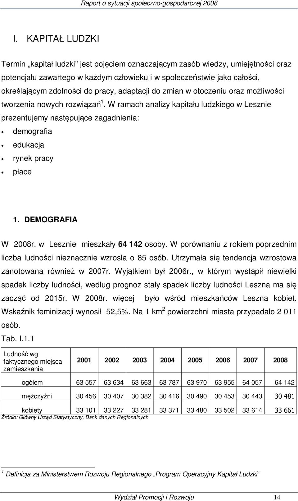 W ramach analizy kapitału ludzkiego w Lesznie prezentujemy następujące zagadnienia: demografia edukacja rynek pracy płace 1. DEMOGRAFIA W 2008r. w Lesznie mieszkały 64 142 osoby.