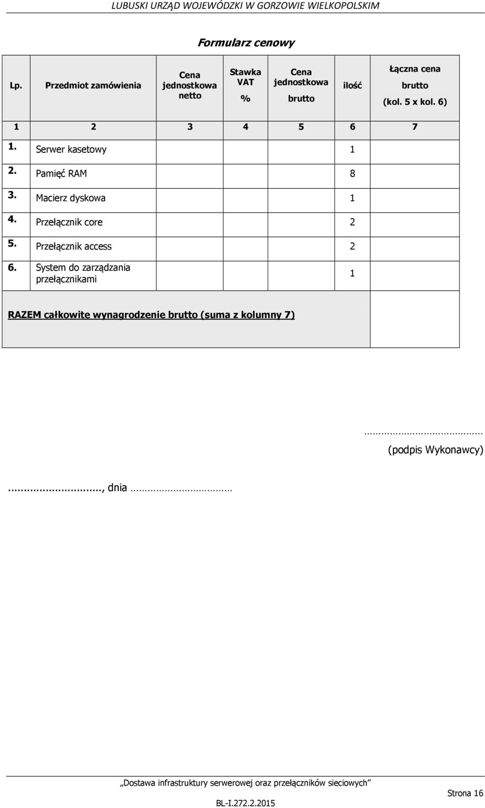 brutto (kol. 5 x kol. 6) 1 2 3 4 5 6 7 1. Serwer kasetowy 1 2. Pamięć RAM 8 3. Macierz dyskowa 1 4.