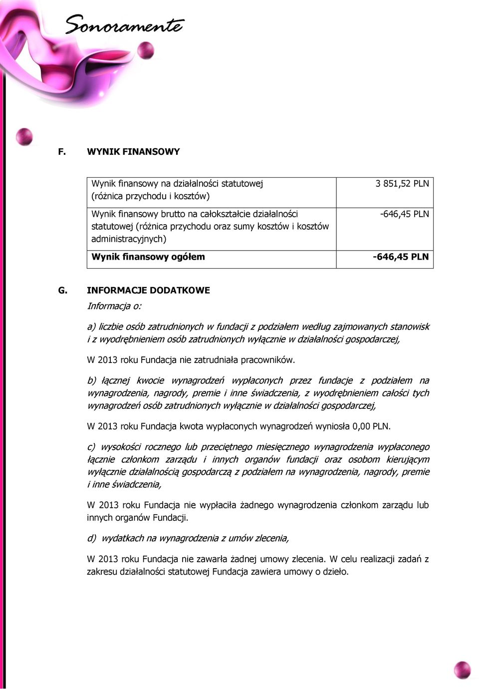 INFORMACJE DODATKOWE Informacja o: a) liczbie osób zatrudnionych w fundacji z podziałem według zajmowanych stanowisk i z wyodrębnieniem osób zatrudnionych wyłącznie w działalności gospodarczej, W