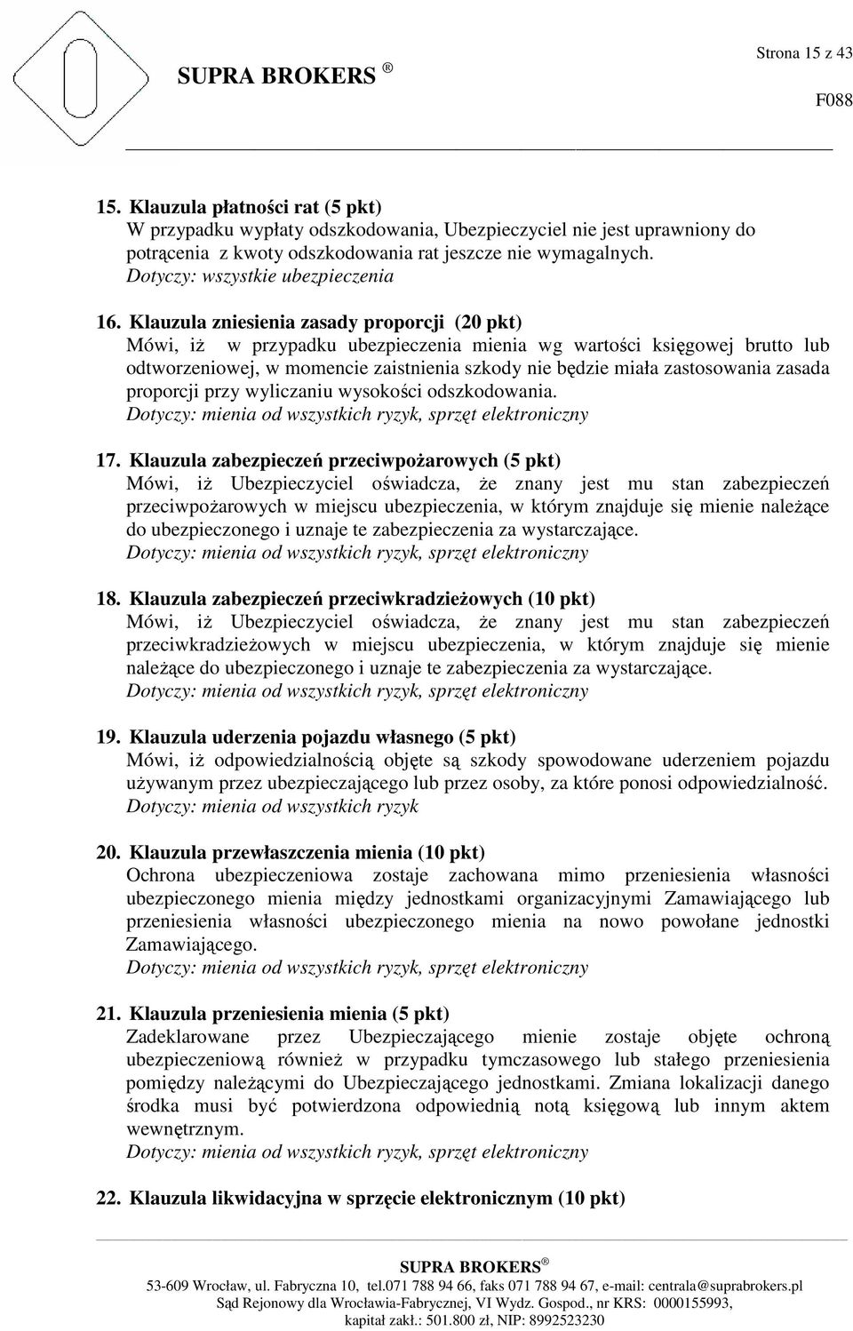 Klauzula zniesienia zasady proporcji (20 pkt) Mówi, iŝ w przypadku ubezpieczenia mienia wg wartości księgowej brutto lub odtworzeniowej, w momencie zaistnienia szkody nie będzie miała zastosowania