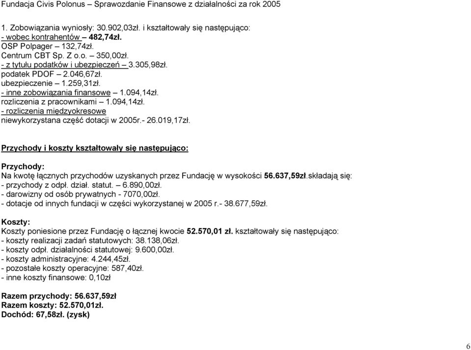 Przychody i koszty kształtowały się następująco: Przychody: Na kwotę łącznych przychodów uzyskanych przez Fundację w wysokości 56.637,59zł.składają się: - przychody z odpł. dział. statut. 6.890,00zł.