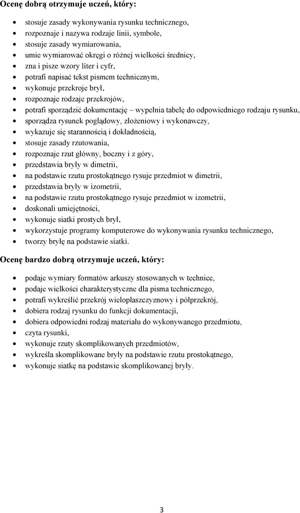 rysunek poglądowy, złożeniowy i wykonawczy, wykazuje się starannością i dokładnością, stosuje zasady rzutowania, rozpoznaje rzut główny, boczny i z góry, przedstawia bryły w dimetrii, na podstawie