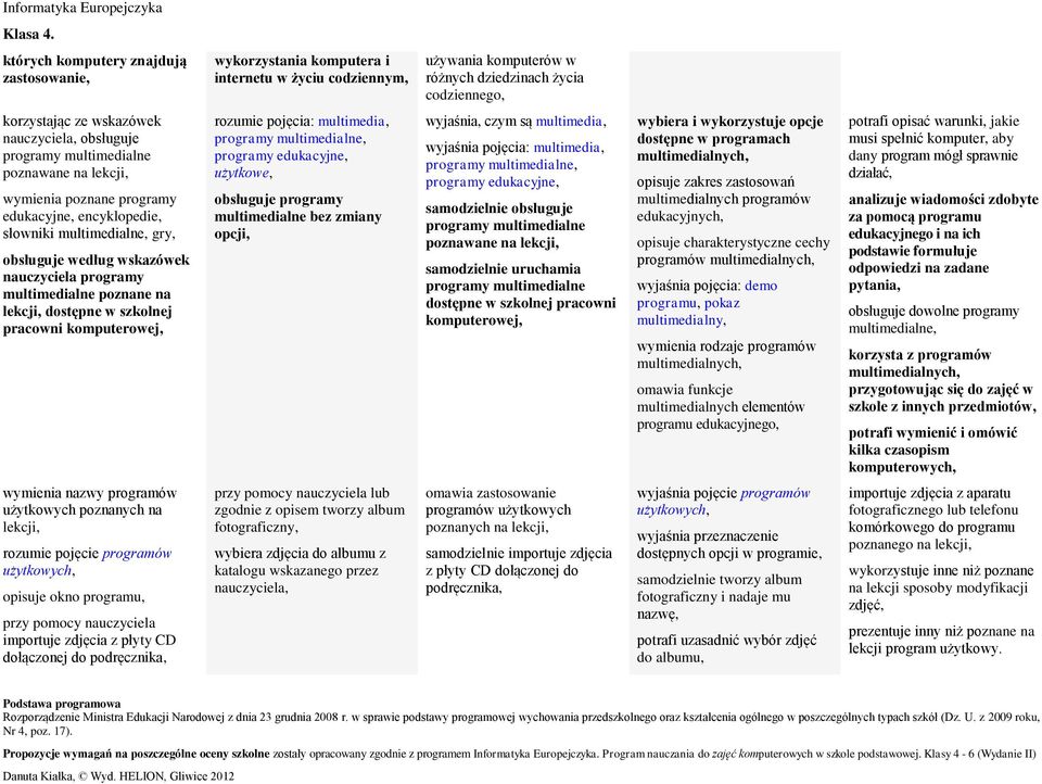 poznane na lekcji, dostępne w szkolnej pracowni komputerowej, rozumie pojęcia: multimedia, programy multimedialne, programy edukacyjne, użytkowe, obsługuje programy multimedialne bez zmiany opcji,