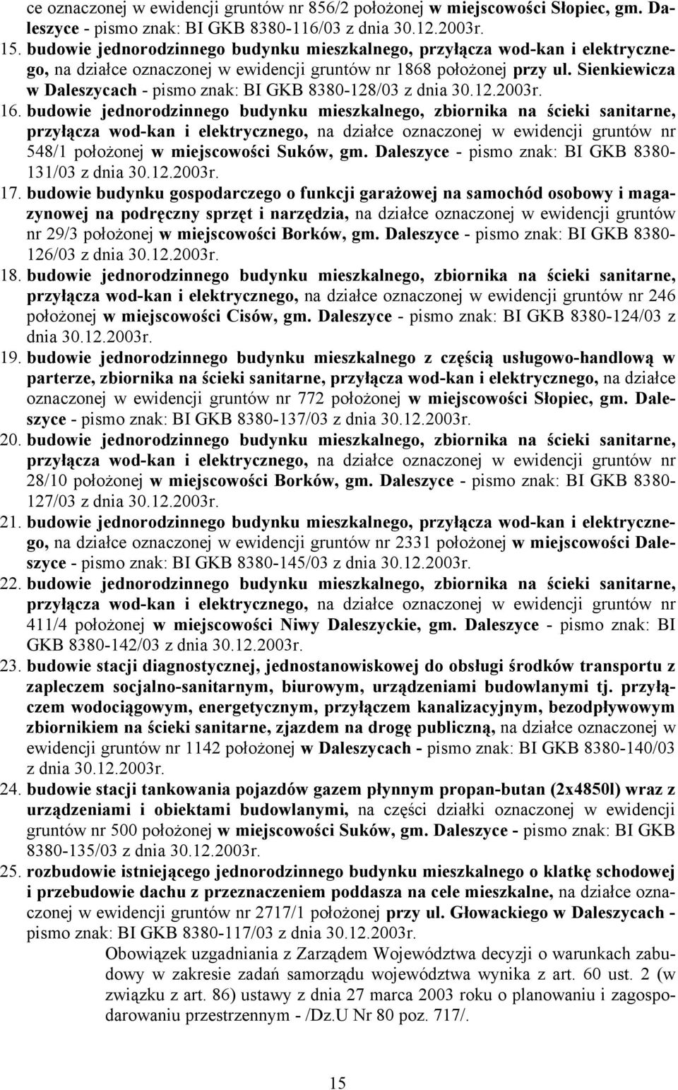 Sienkiewicza w Daleszycach - pismo znak: BI GKB 8380-128/03 z dnia 30.12.2003r. 16.
