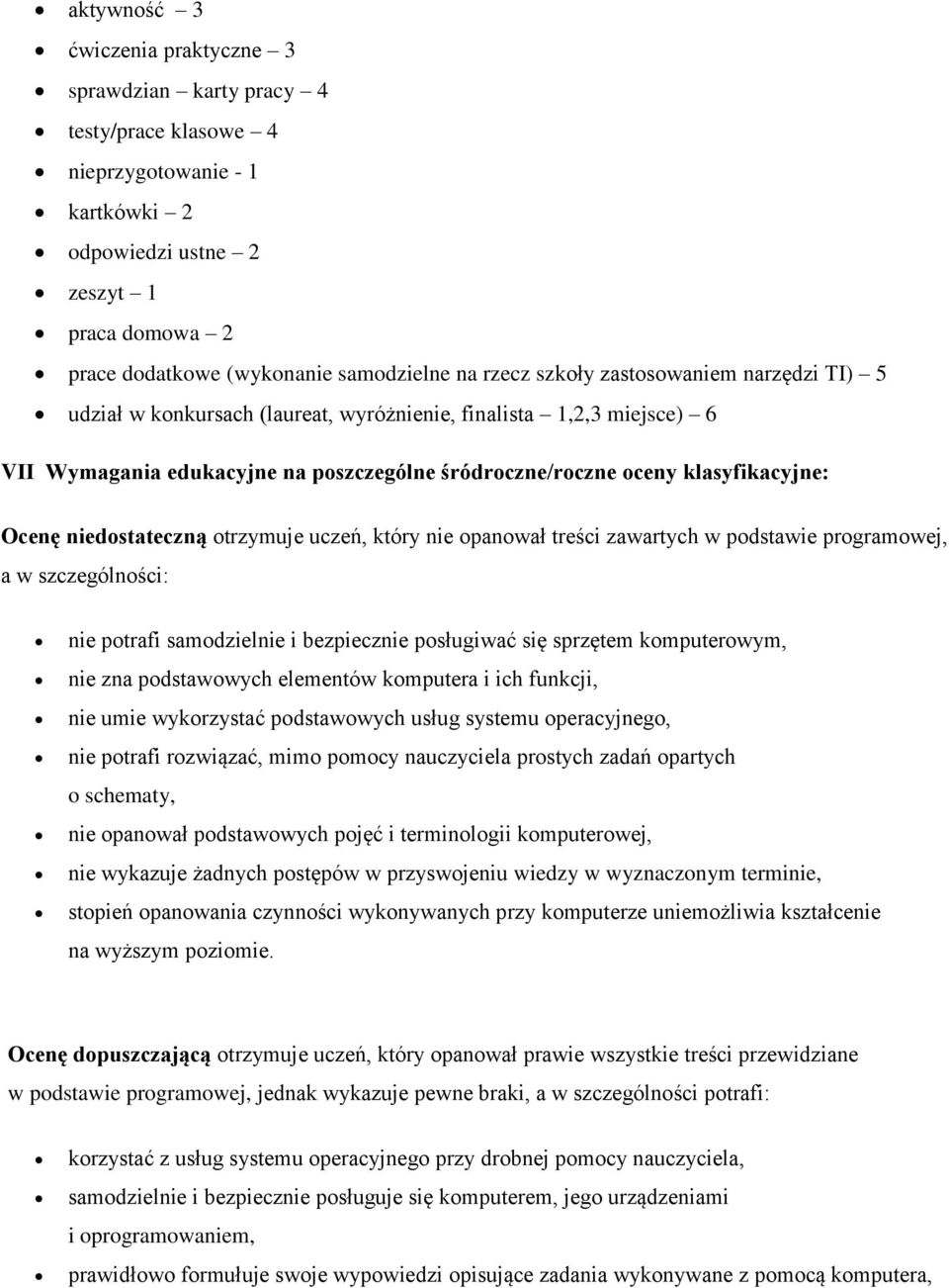 niedostateczną otrzymuje uczeń, który nie opanował treści zawartych w podstawie programowej, a w szczególności: nie potrafi samodzielnie i bezpiecznie posługiwać się sprzętem komputerowym, nie zna