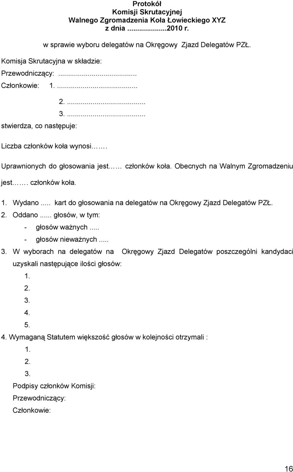 .. kart do głosowania na delegatów na Okręgowy Zjazd Delegatów PZŁ. 2. Oddano... głosów, w tym: - głosów ważnych... - głosów nieważnych... 3.