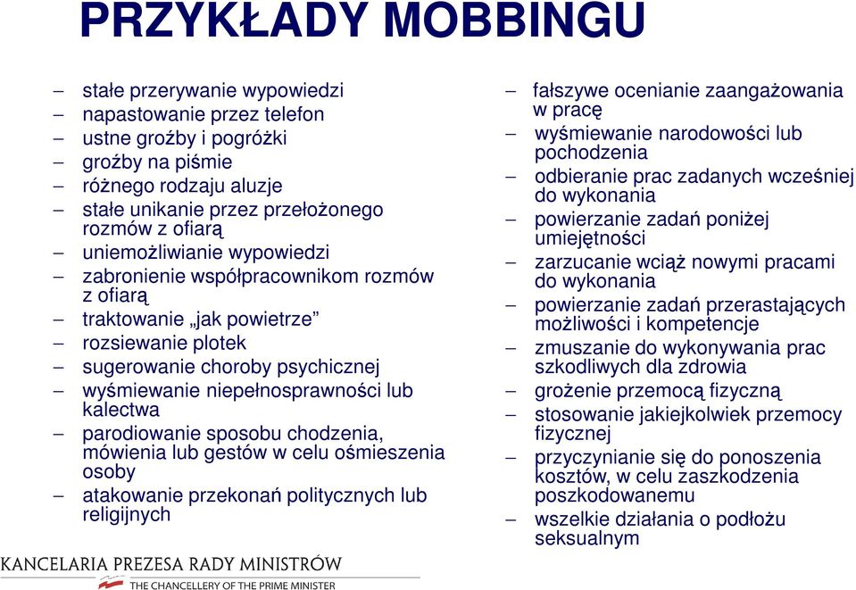 parodiowanie sposobu chodzenia, mówienia lub gestów w celu ośmieszenia osoby atakowanie przekonań politycznych lub religijnych fałszywe ocenianie zaangaŝowania w pracę wyśmiewanie narodowości lub