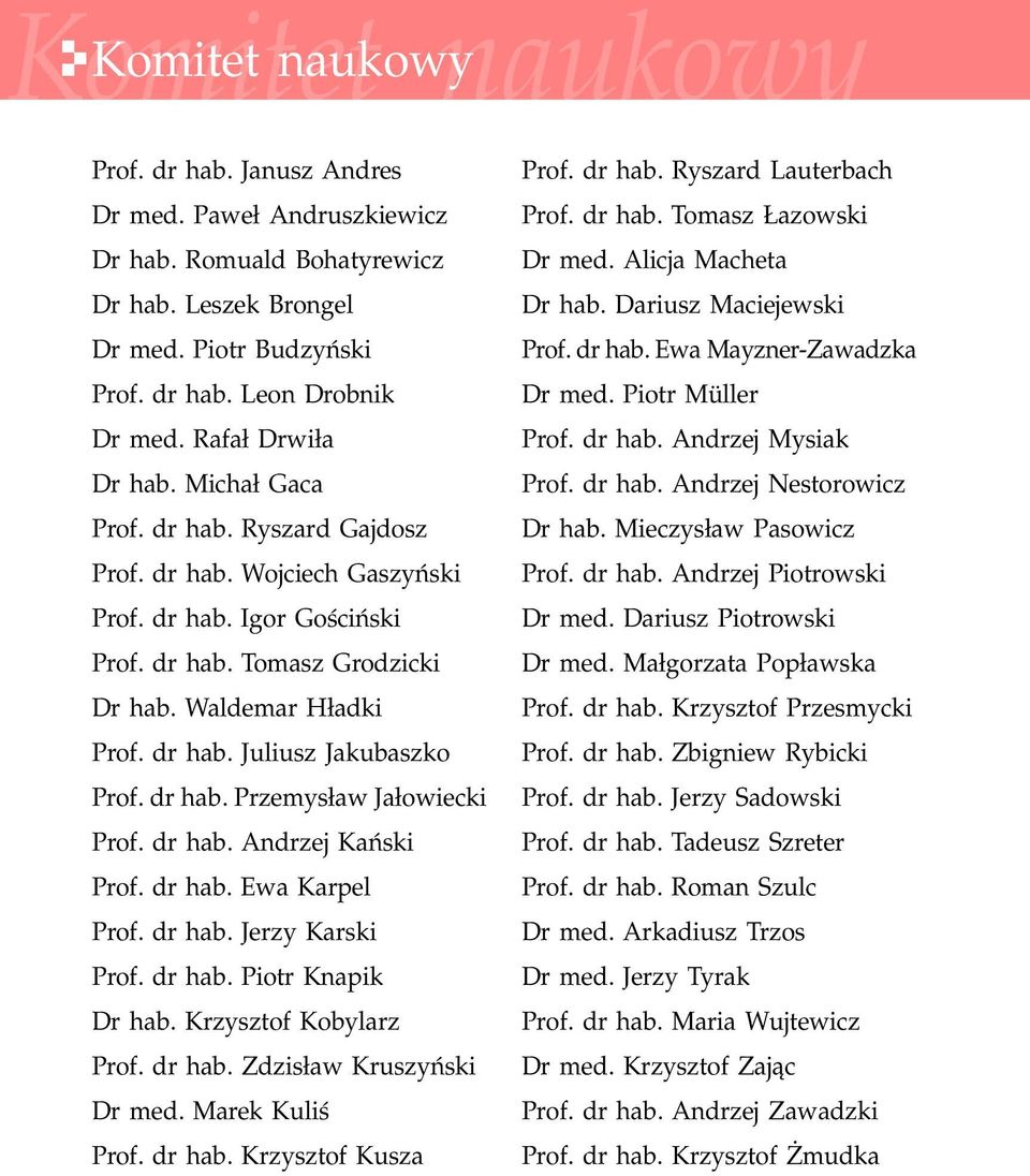 dr hab. Przemys³aw Ja³owiecki Prof. dr hab. Andrzej Kañski Prof. dr hab. Ewa Karpel Prof. dr hab. Jerzy Karski Prof. dr hab. Piotr Knapik Dr hab. Krzysztof Kobylarz Prof. dr hab. Zdzis³aw Kruszyñski Dr med.