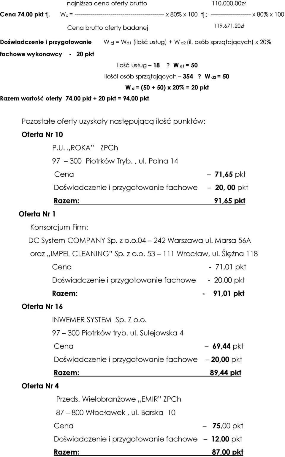 W d2 = 50 W d = (50 + 50) x 20% = 20 pkt Razem wartość oferty 74,00 pkt + 20 pkt = 94,00 pkt Pozostałe oferty uzyskały następującą ilość punktów: Oferta Nr 10 P.U. ROKA ZPCh 97 300 Piotrków Tryb., ul.
