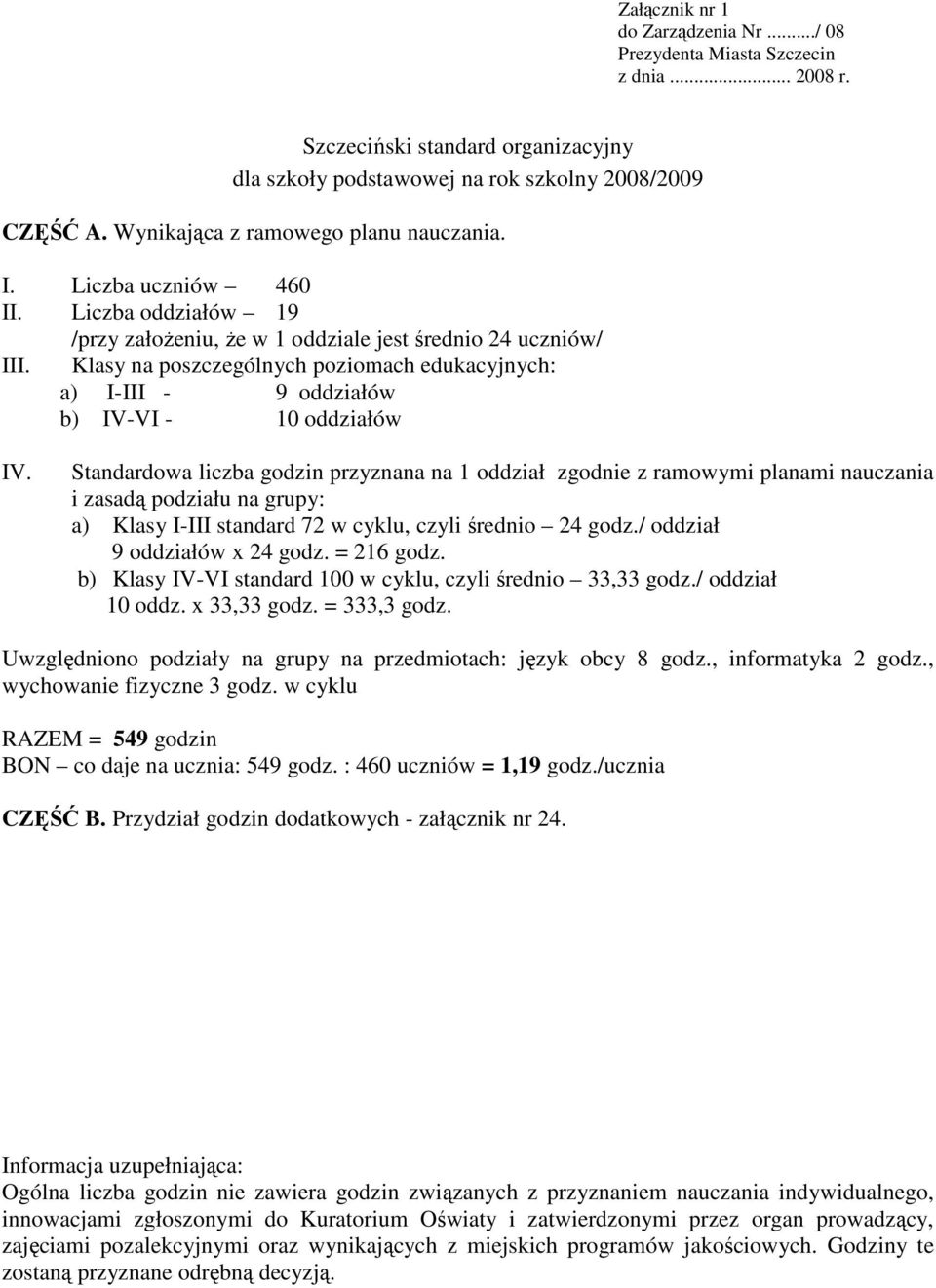 Standardowa liczba godzin przyznana na 1 oddział zgodnie z ramowymi planami nauczania i zasadą podziału na grupy: a) Klasy I-III standard 72 w cyklu, czyli średnio 24 godz.