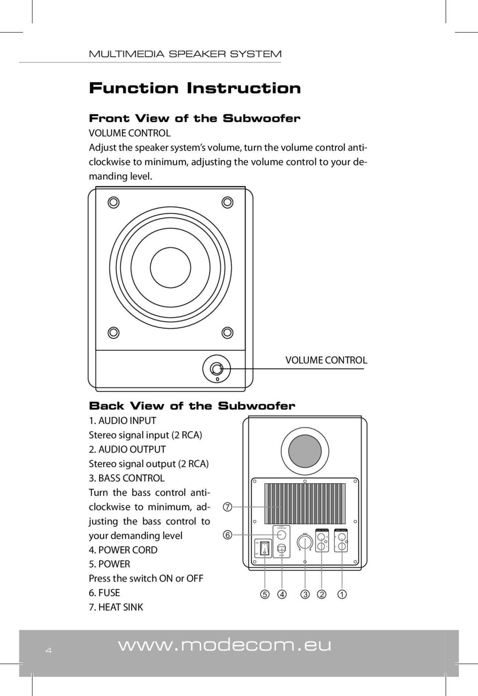 VOUME CONTO Back View of the Subwoofer 1. AUDIO INPUT Stereo signal input (2 CA) 2. AUDIO OUTPUT Stereo signal output (2 CA) 3.