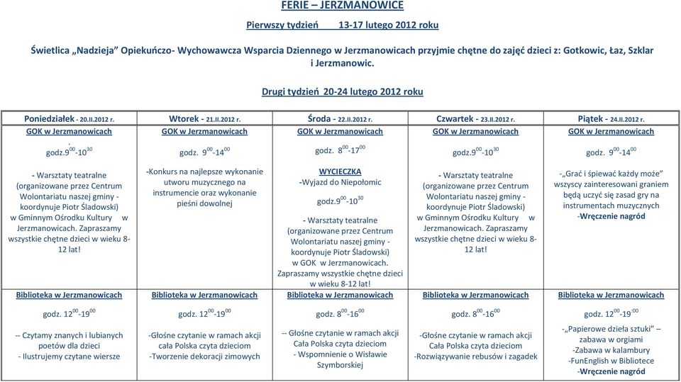 8 00 17 00 GOK godz.9 00 10 30 GOK Warsztaty teatralne Centrum Wolontariatu naszej gminy koordynuje Piotr Śladowski) w Gminnym Ośrodku Kultury w Jerzmanowicach.