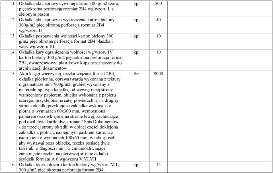 wg/wzoru IV karton bielony 300 g/m2 pięciokrotna perforacja format 2B4, dwuczęściowy, plastikowy klips przeznaczony do archiwizacji dokumentów 15 Akta księgi wieczystej, teczka wiązana format 2B4,