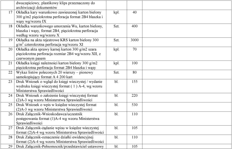 400 blaszka i wąsy, format 2B4, pięciokrotna perforacja według wzoru wg/wzoru X 19 Okładka na akta rejestrowe KRS karton bielony 300 000 g/m 2 czterokrotna perforacja wg/wzoru XI 20 Okładka akta