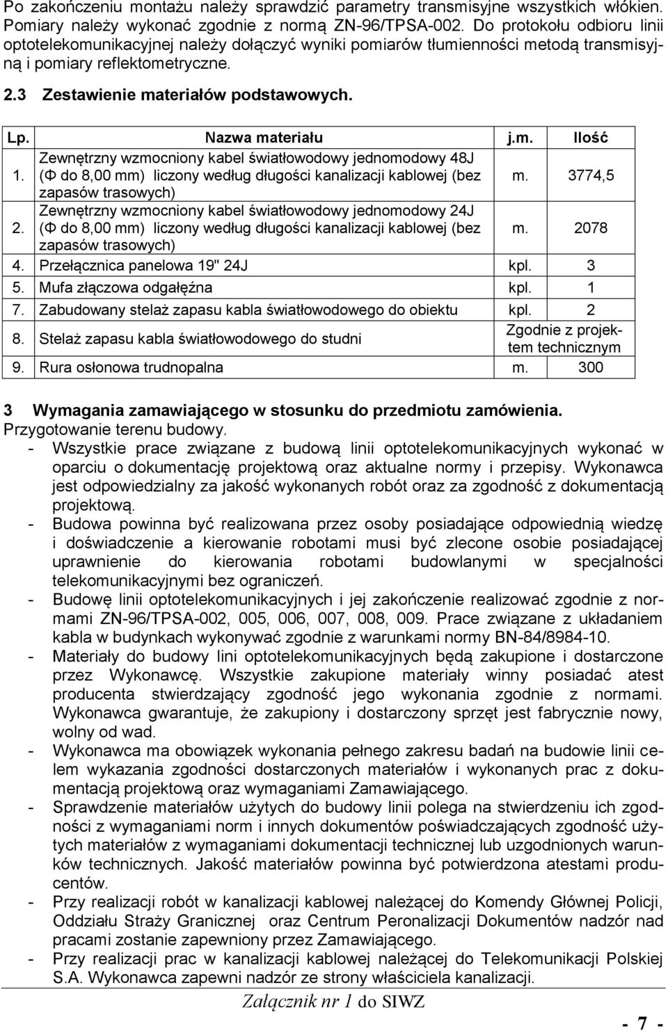 Nazwa materiału j.m. Ilość 1. Zewnętrzny wzmocniony kabel światłowodowy jednomodowy 48J (Φ do 8,00 mm) liczony według długości kanalizacji kablowej (bez m. 3774,5 zapasów trasowych) 2.