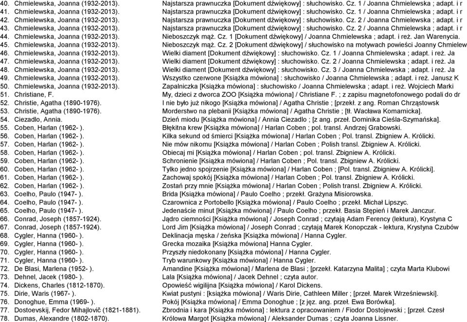 Najstarsza prawnuczka [Dokument dźwiękowy] : słuchowisko. Cz. 2 / Joanna Chmielewska ; adapt. i r 44. Chmielewska, Joanna (1932-2013). Nieboszczyk mąż. Cz. 1 [Dokument dźwiękowy] / Joanna Chmielewska ; adapt.