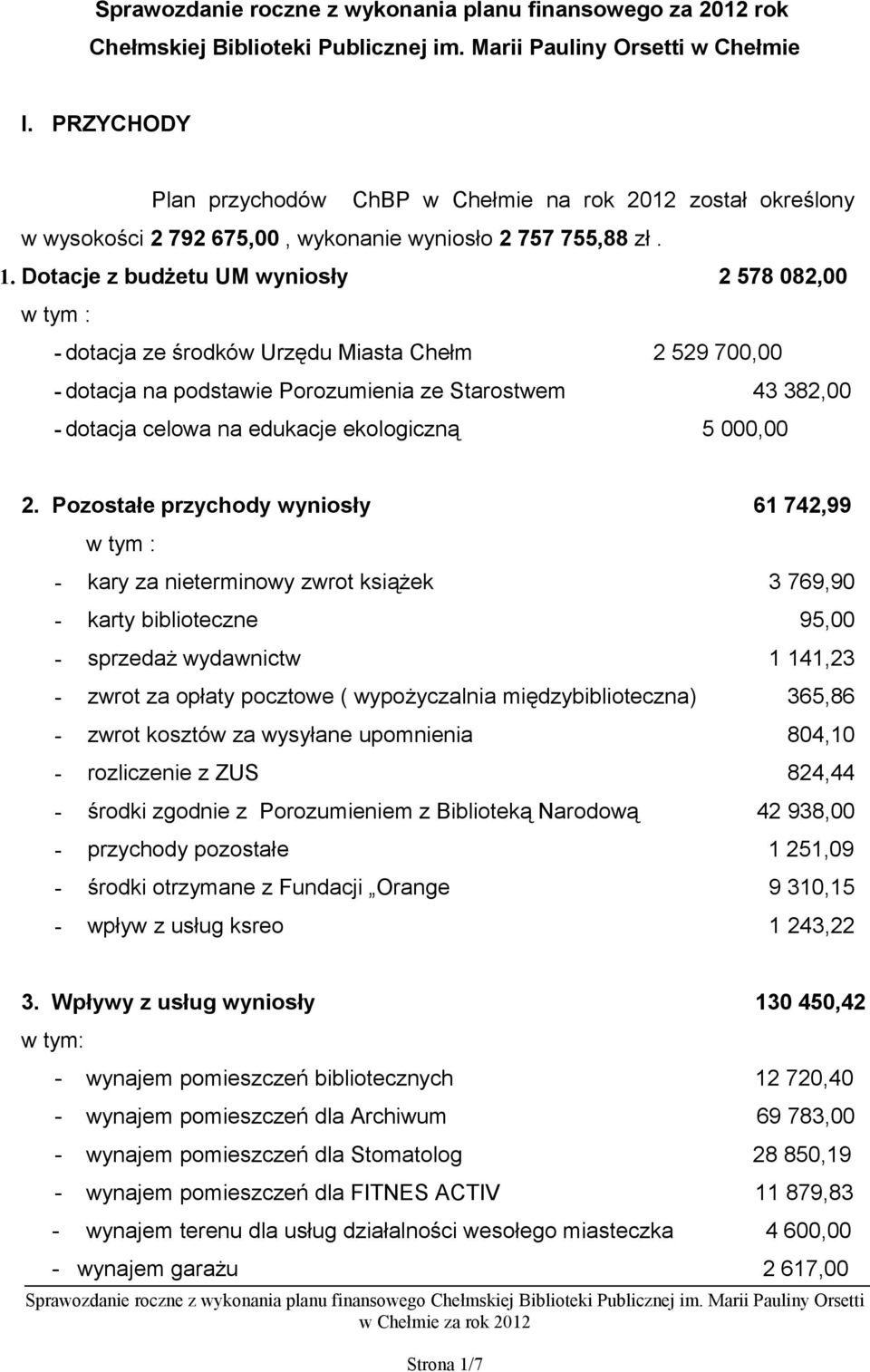 Dotacje z budżetu UM wyniosły 2 578 082,00 - dotacja ze środków Urzędu Miasta Chełm 2 529 700,00 - dotacja na podstawie Porozumienia ze Starostwem 43 382,00 - dotacja celowa na edukacje ekologiczną 5