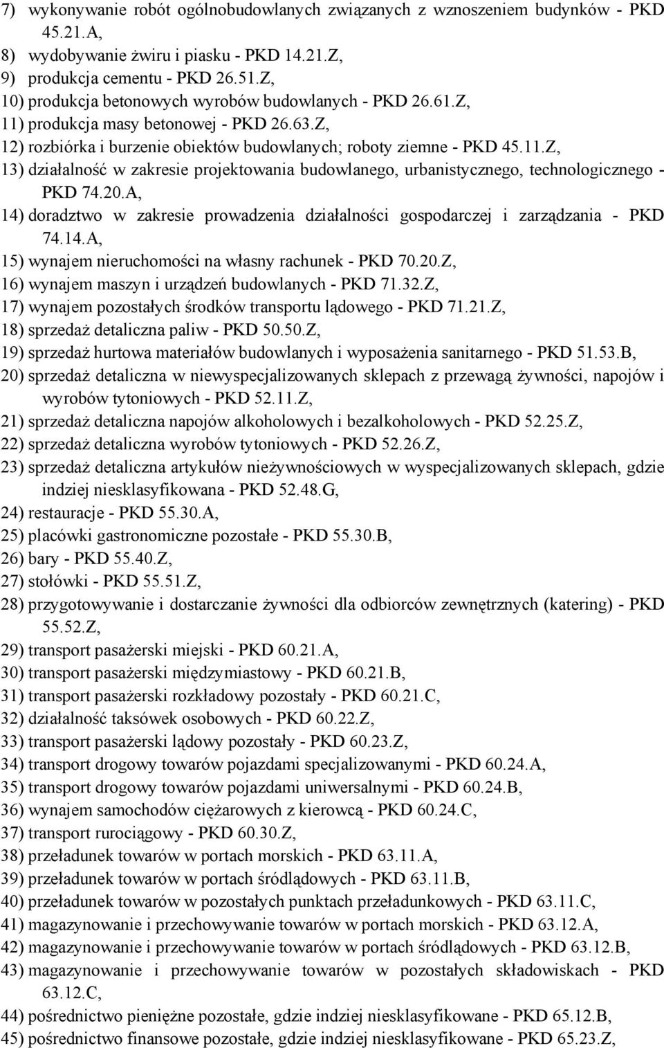 20.A, 14) doradztwo w zakresie prowadzenia działalności gospodarczej i zarządzania - PKD 74.14.A, 15) wynajem nieruchomości na własny rachunek - PKD 70.20.Z, 16) wynajem maszyn i urządzeń budowlanych - PKD 71.