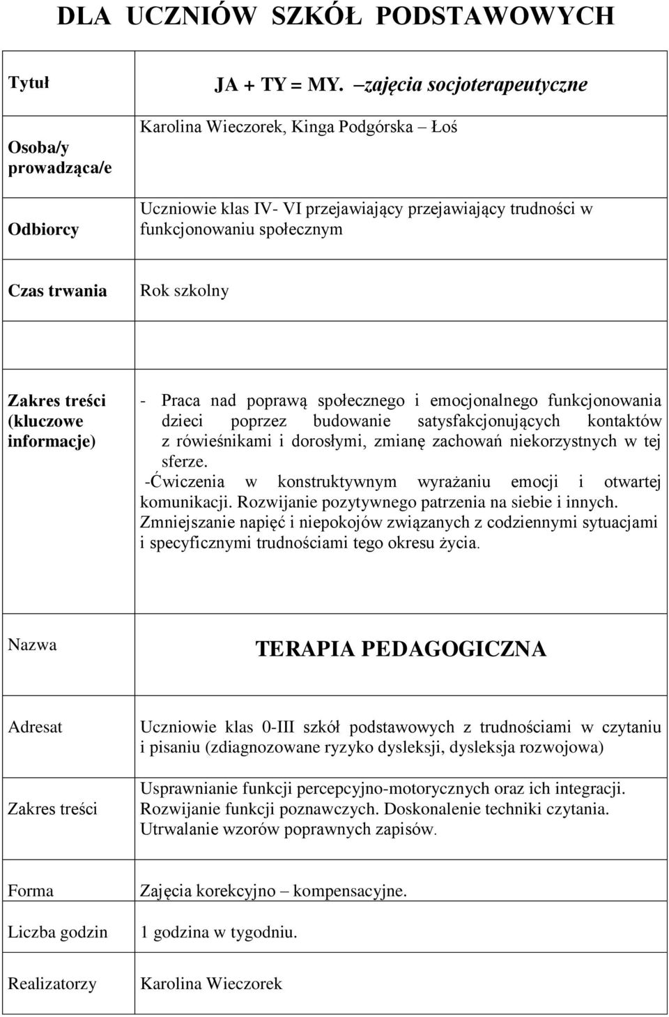 informacje) - Praca nad poprawą społecznego i emocjonalnego funkcjonowania dzieci poprzez budowanie satysfakcjonujących kontaktów z rówieśnikami i dorosłymi, zmianę zachowań niekorzystnych w tej