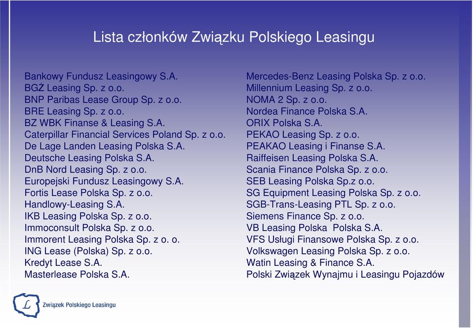 z o.o. Immoconsult Polska Sp. z o.o. Immorent Leasing Polska Sp. z o. o. ING Lease (Polska) Sp. z o.o. Kredyt Lease S.A. Masterlease Polska S.A. Mercedes-Benz Leasing Polska Sp. z o.o. Millennium Leasing Sp.